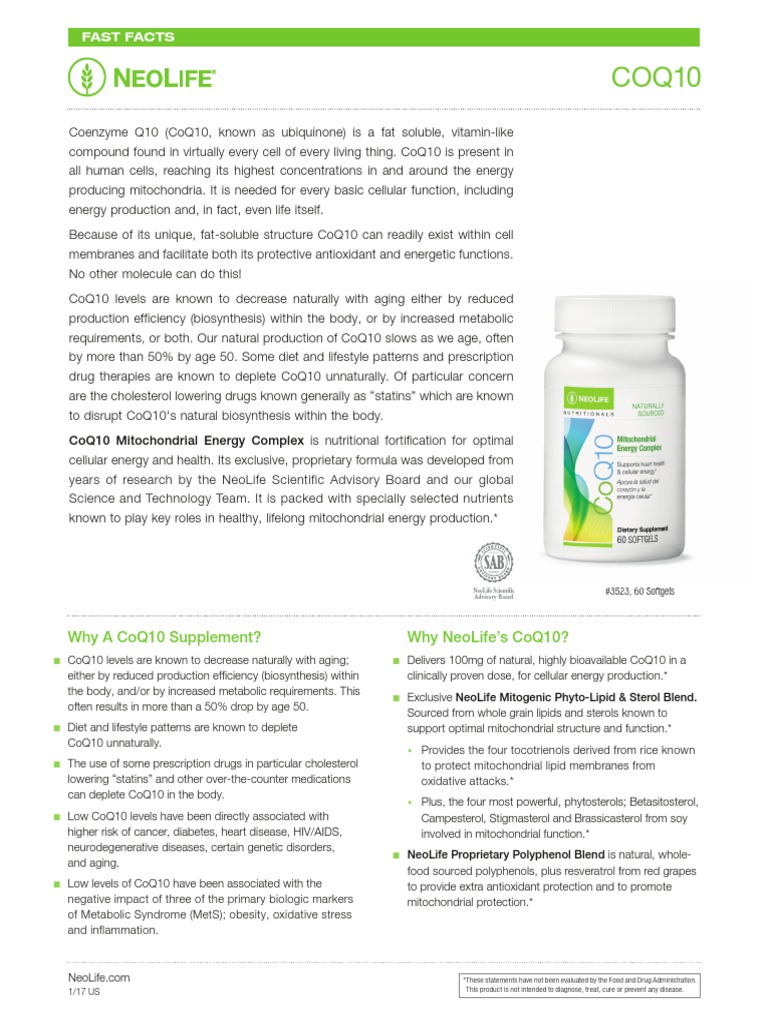 Fast Facts Why A Coq10 Supplement? Why Neolife'S Coq10? PDF