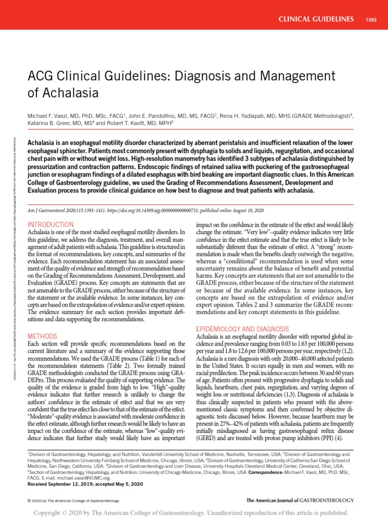 ACG Clinical Guidelines: Diagnosis and Management of Achalasia | PDF ...