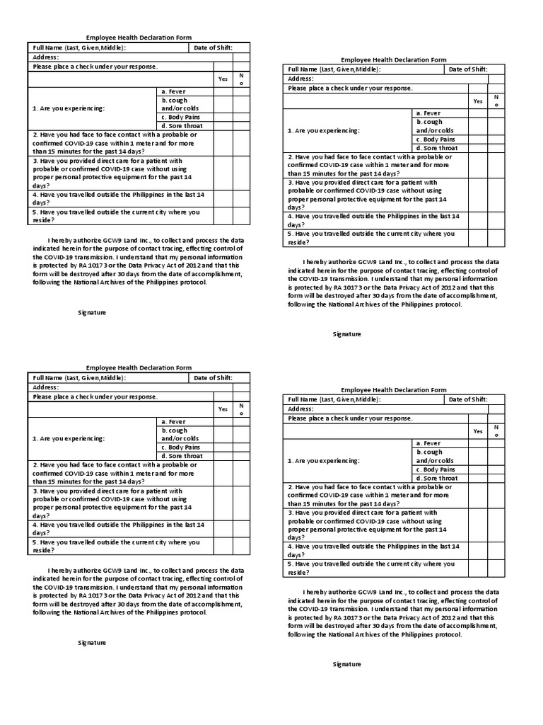 Employee Health Declaration Form PDF Common Cold Diseases And