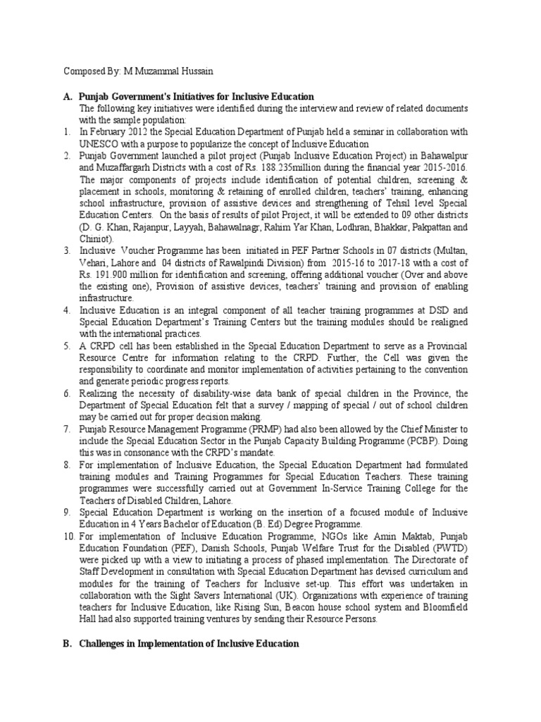 Punjab's Initiatives for Inclusive Education | PDF | Inclusion ...