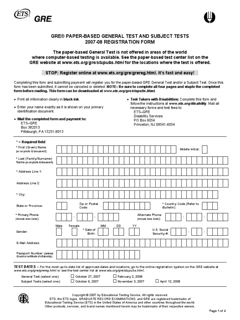 Gre® PaperBased General Test and Subject Tests 200708 Registration