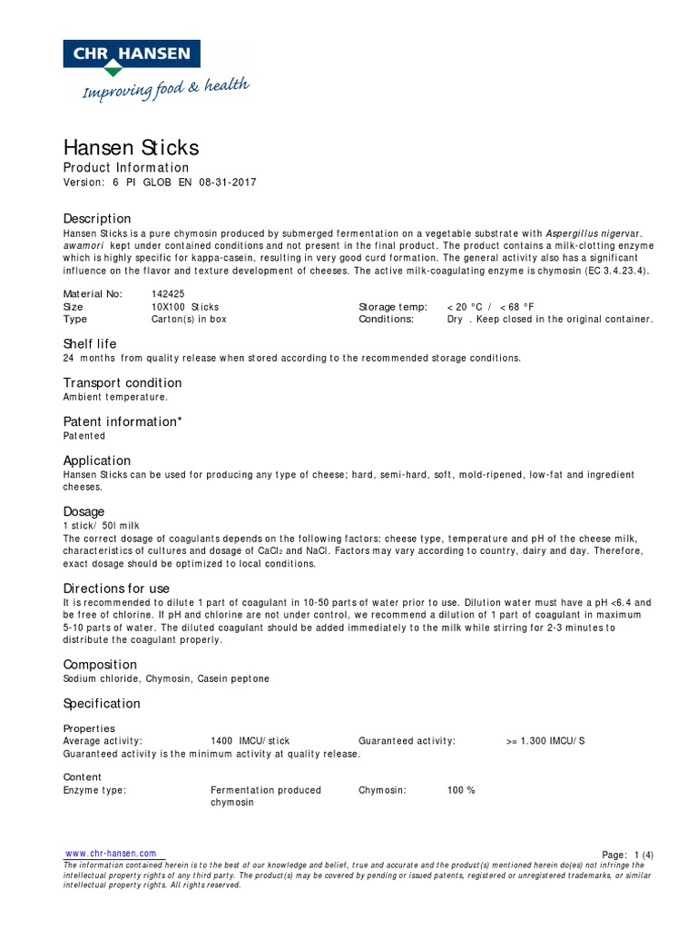 CHR Hansen Dry Rennet Sachets | PDF | Cheese | Genetically Modified ...