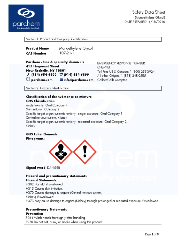 Monoethylene Glycol SDS PDF Firefighting Toxicity