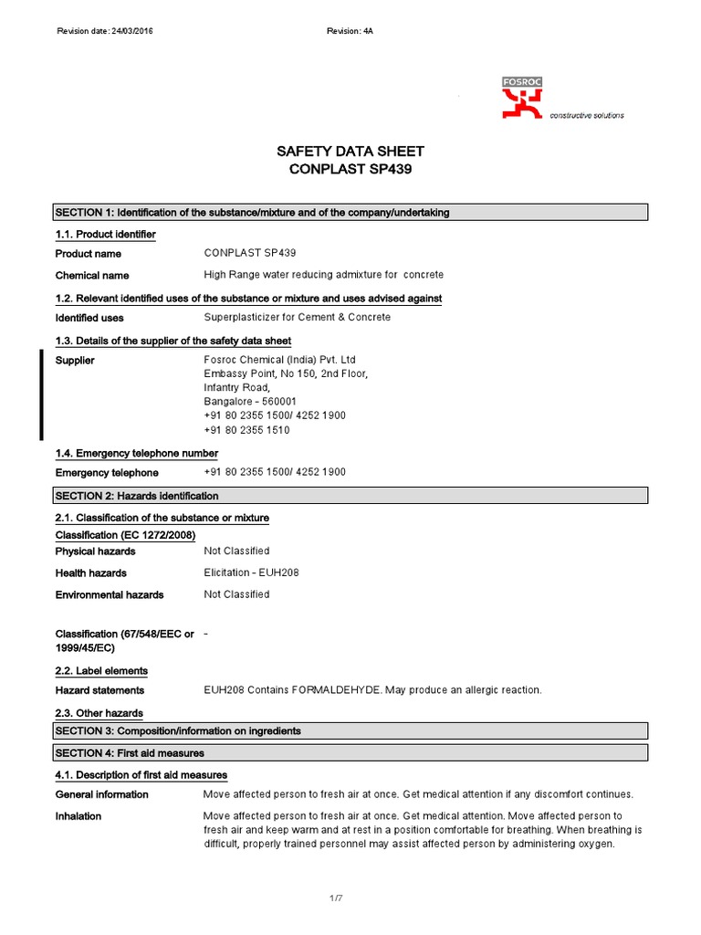 SP439 Safety Data Sheet Summary | PDF | Dangerous Goods | Toxicity