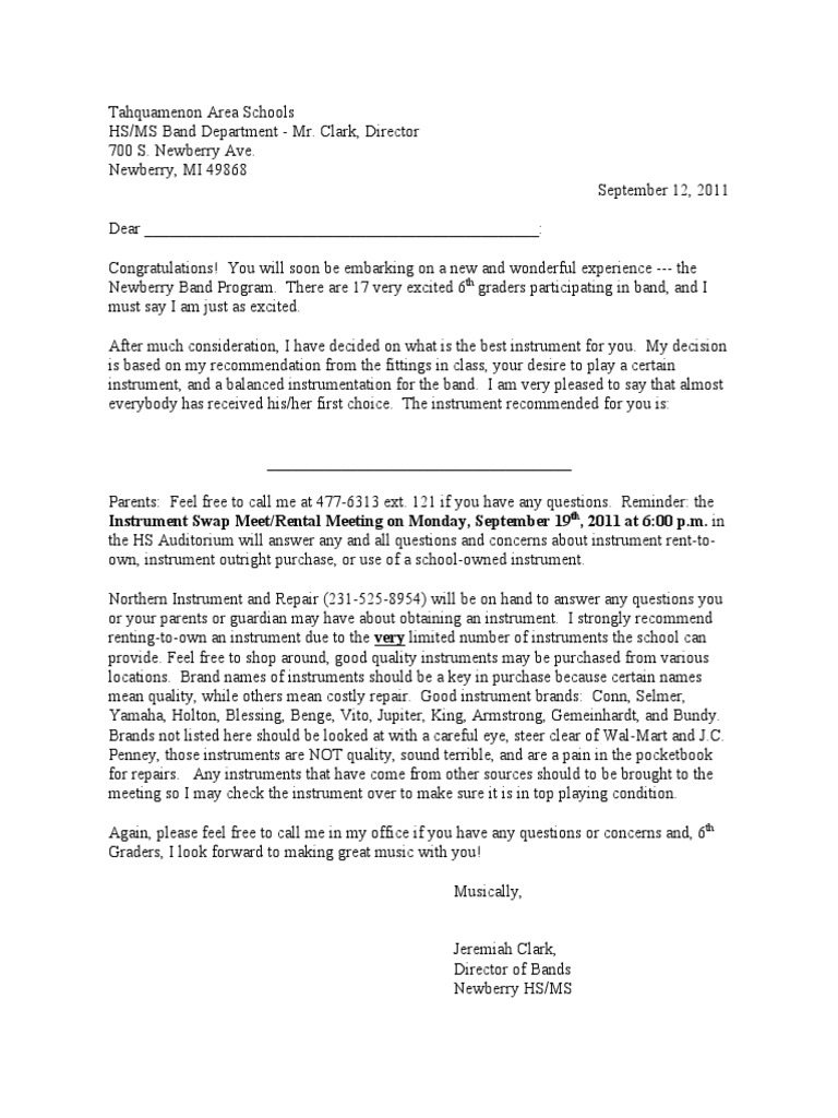 6th Grade Instrument Recommendation Letter SAMS | PDF | Brass ...