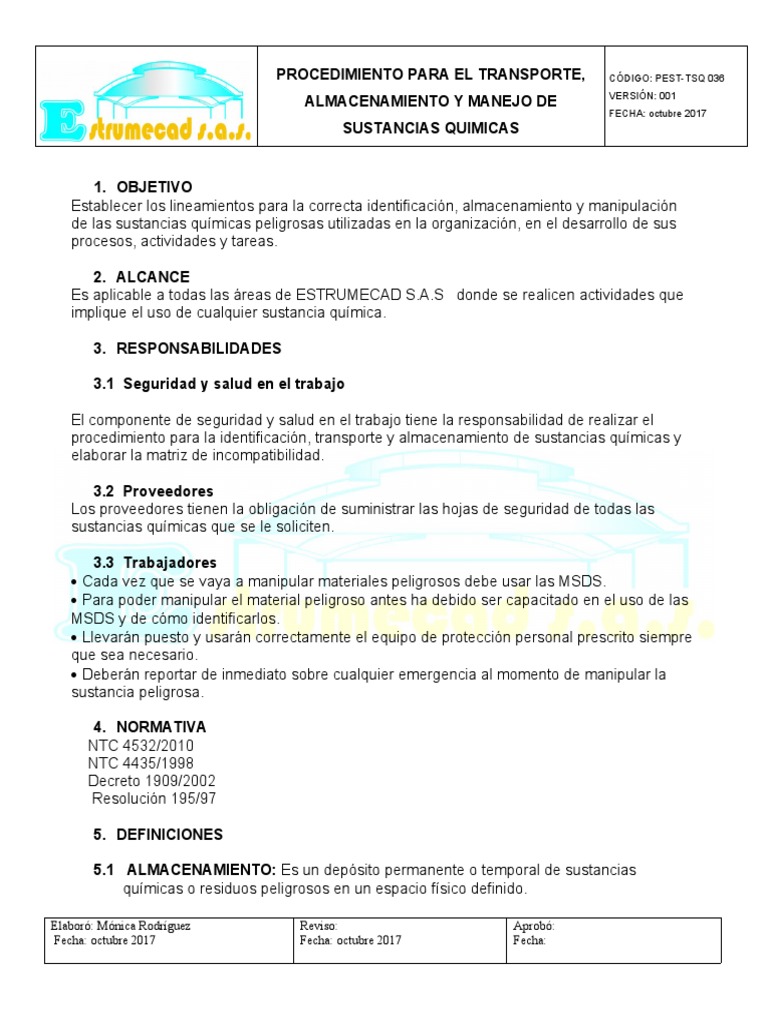 Procedimiento para El Transporte, Almacenamiento y Manejo de Sustancias ...