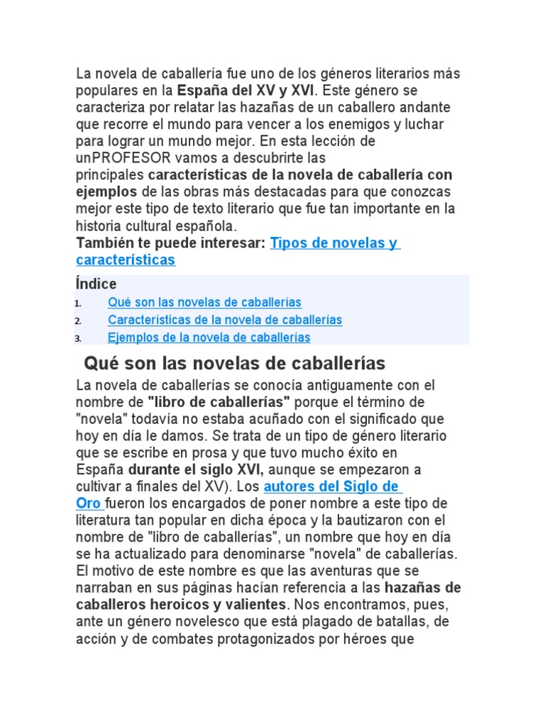 La Novela de Caballería Fue Uno de Los Géneros Literarios