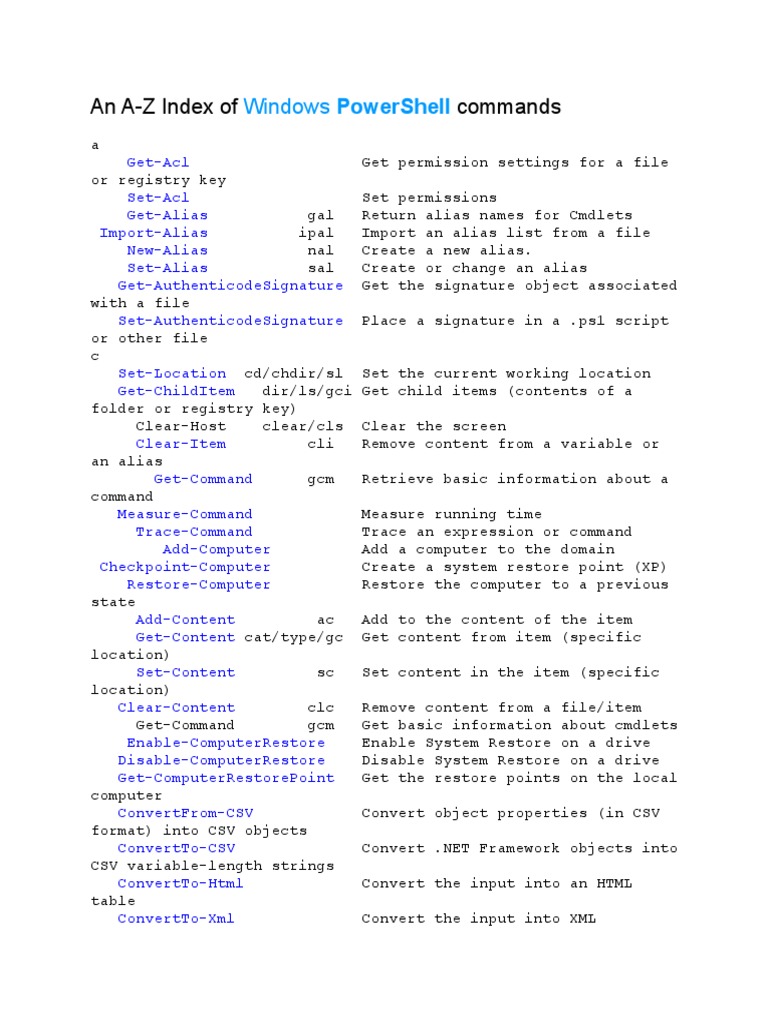 An A-Z Index of Commands: Windows Powershell | PDF | Computer File ...