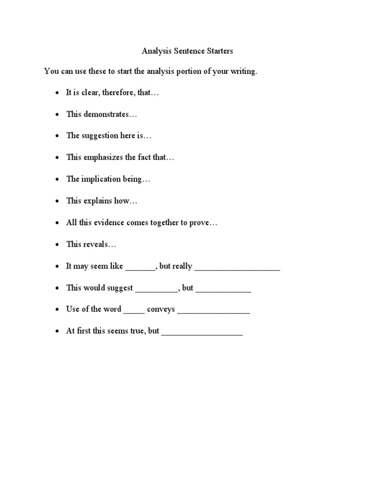Analysis Sentence Starters PDF