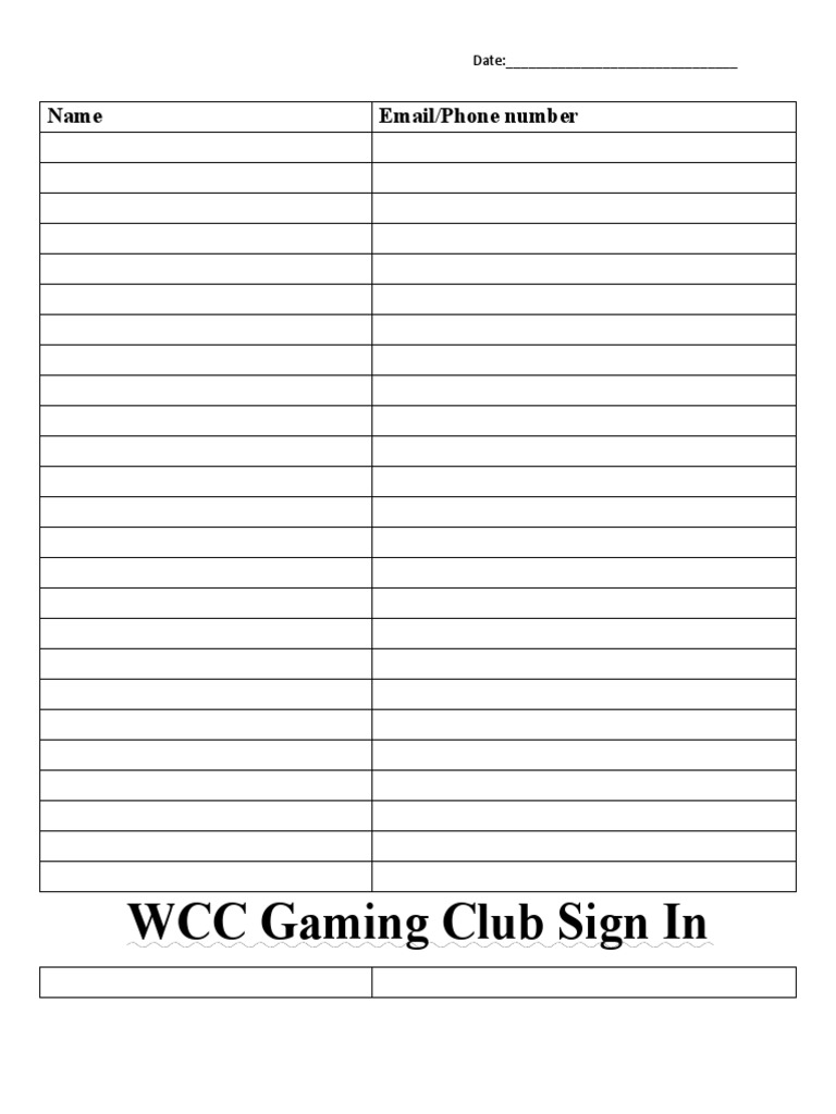 WCC Gaming Club Sign-In Sheet | PDF