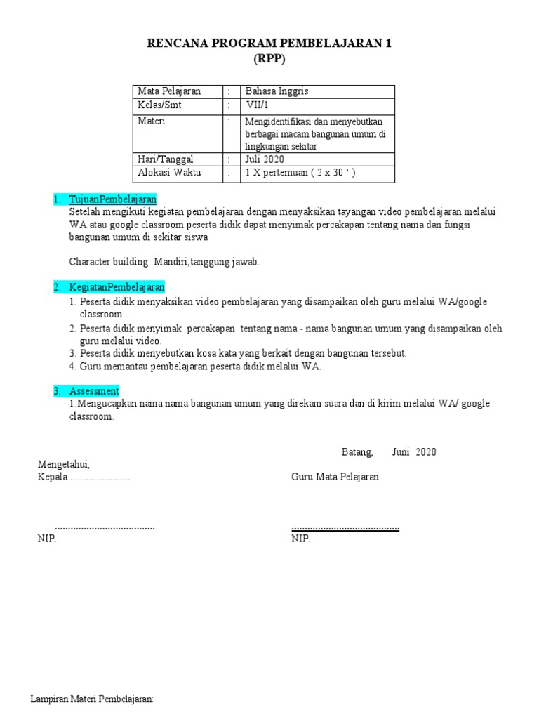 RPP Kelas 7 KD 3.4 Public Places 1 | PDF