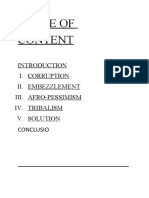 Table of Content: I. Corruption Ii. Embezzlement Iii. Afro-Pessimism Iv. Tribalism V. Solution Conclusio