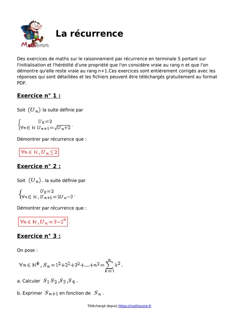 La Recurrence Exercices Maths Terminale Corriges en PDF | PDF | Entier ...