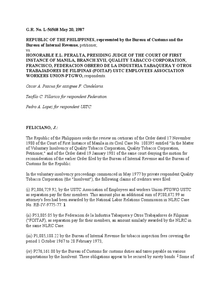 (Worker Preference in Case of Bankruptcy) Republic v. Peralta, 150 SCRA