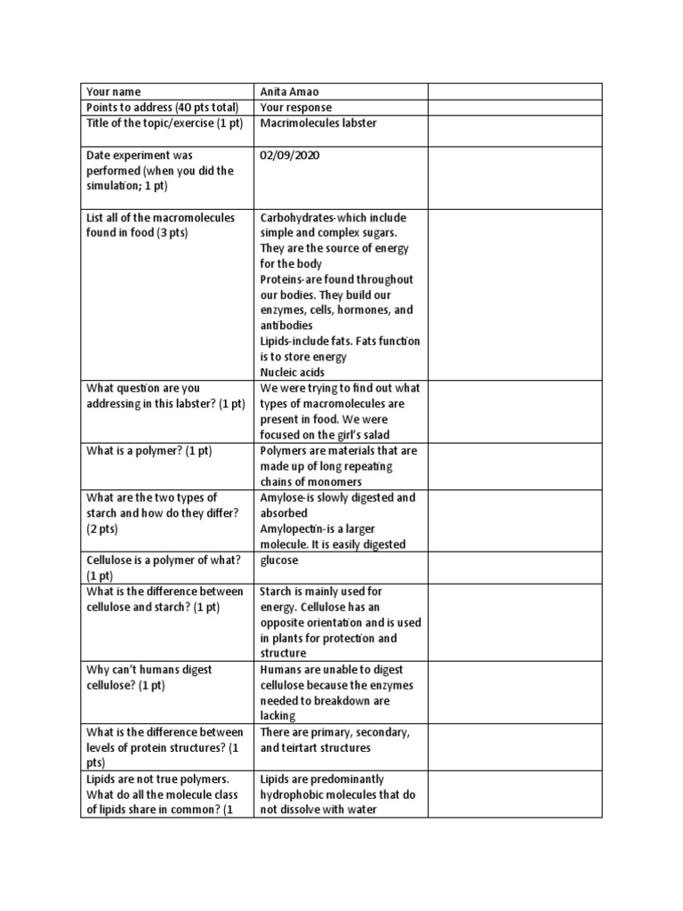 Macromolecules Labster-Lab Notebook | PDF | Macromolecules | Fat