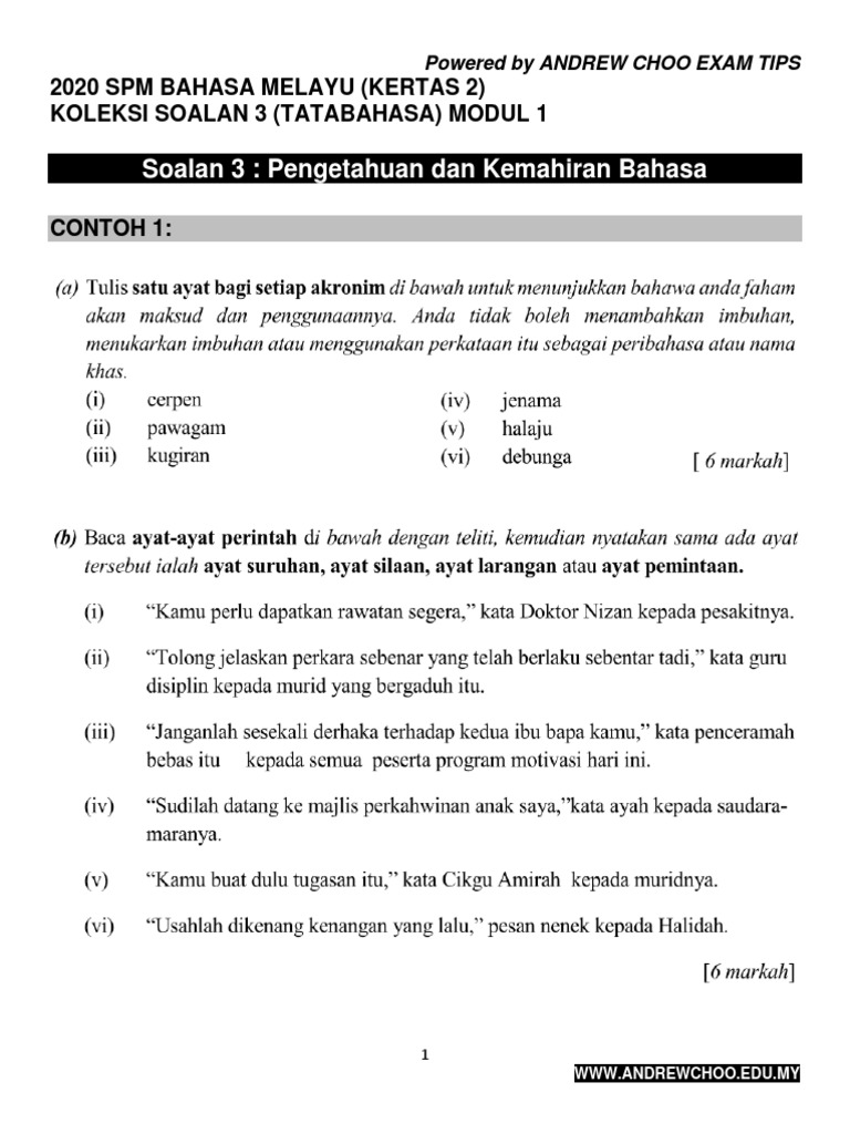 Spm Bahasa Melayu Kertas 2 Tatabahasa Modul 1 Contoh Soalan Pdf