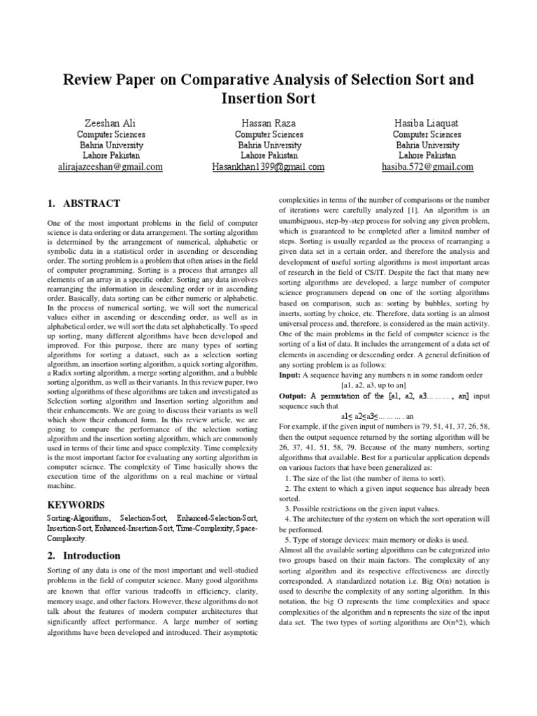 Review Paper On Comparative Analysis of Selection Sort and Insertion ...