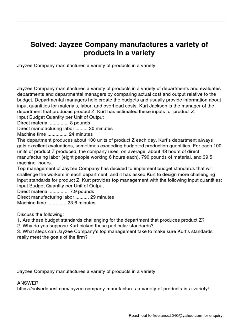 Jayzee Company Manufactures A Variety of Products in A Variety PDF Economies Business