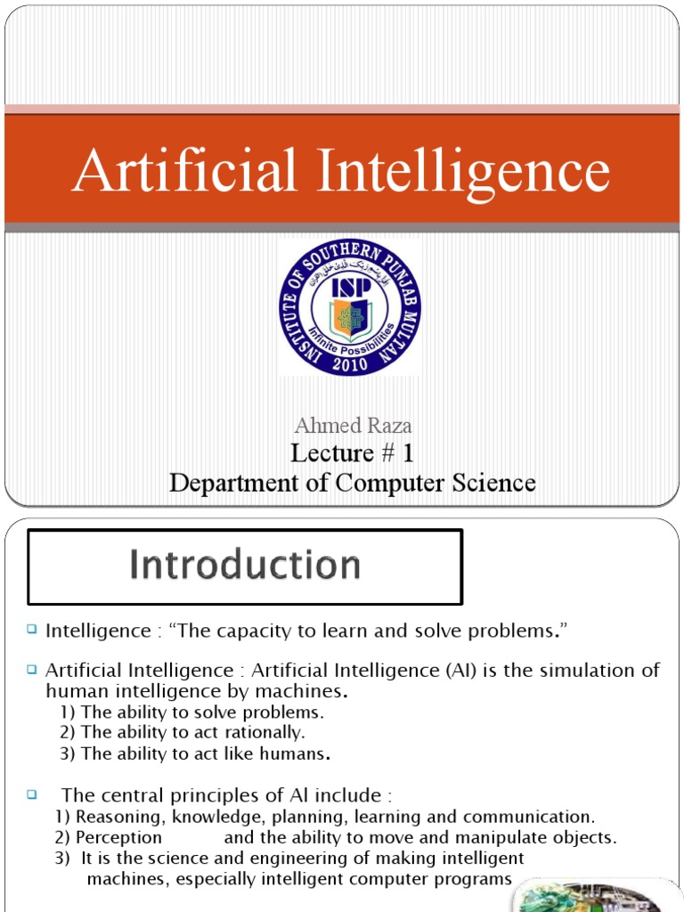 Artificial Intelligence: Lecture # 1 Department of Computer Science ...