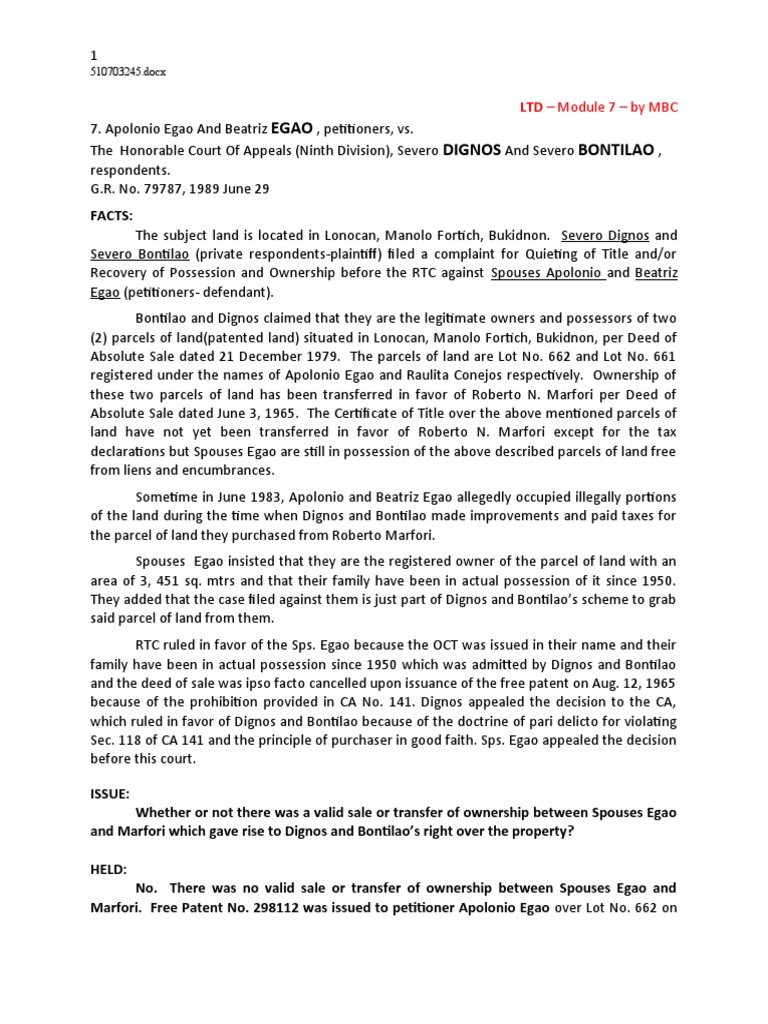 Egao vs. Dignos: Land Ownership Dispute | PDF | Deed | Mortgage Law