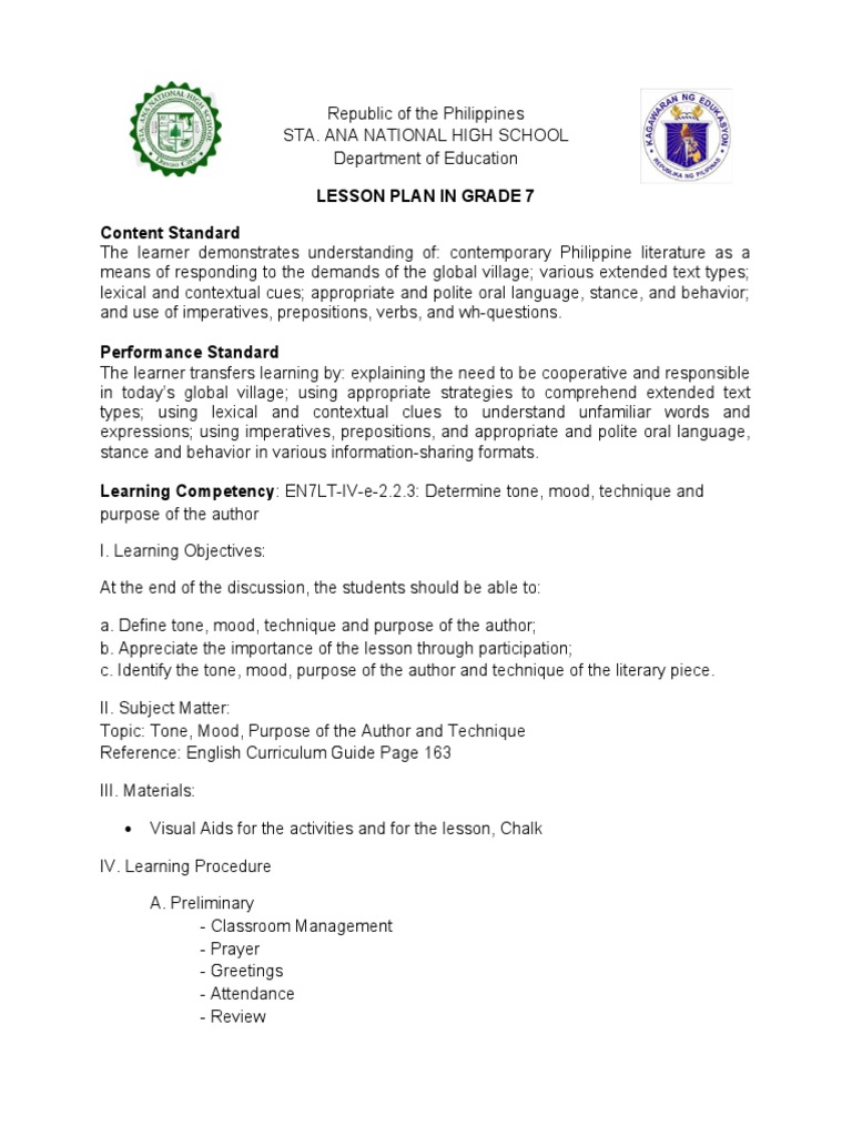 Grade 7 Lesson Plan: Tone and Mood Analysis | PDF | Lesson Plan | Cognition