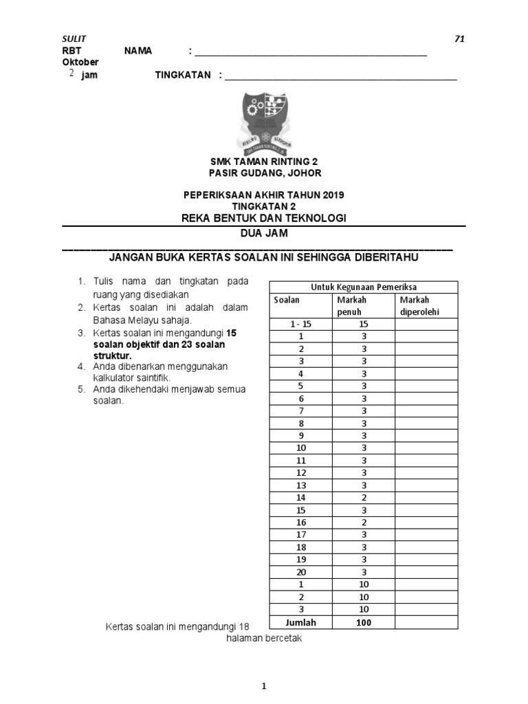 Soalan Rbt Ting 2 Akhir Tahun 2019 Pdf