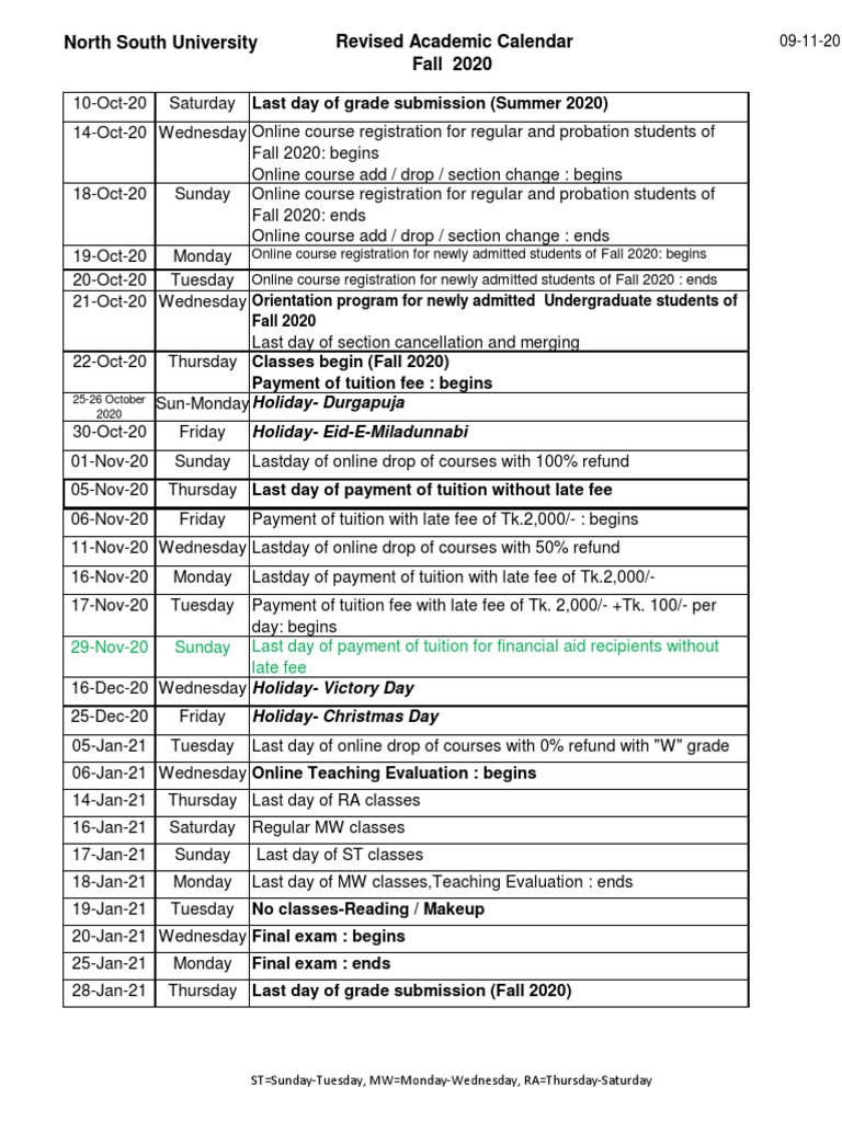 North South University Revised Academic Calendar Fall 2020: Last Day of