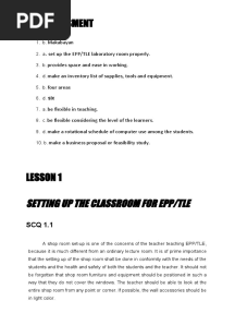 Preassessment: Setting Up The Classroom For Epp/Tle