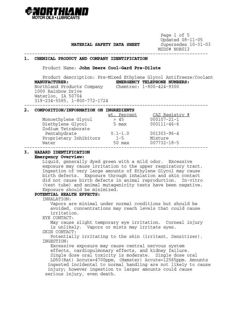 MSDS John Deere CoolGard PreDilute Coolant PDF Firefighting Fires