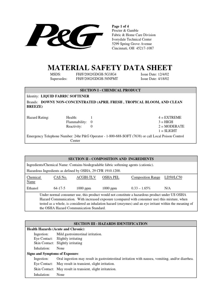 MSDS P&G Liquid Downy LIQUID FABRIC SOFTENER PDF Waste