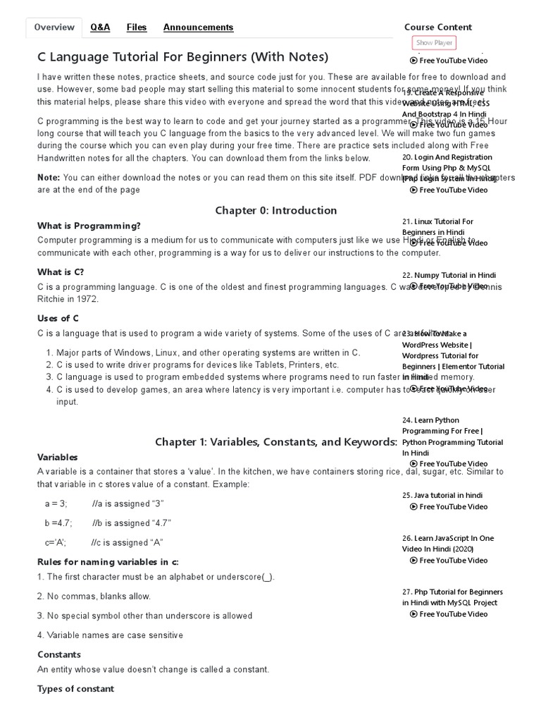 C Language Tutorial For Beginners (With Notes) - Code With Harry | PDF ...