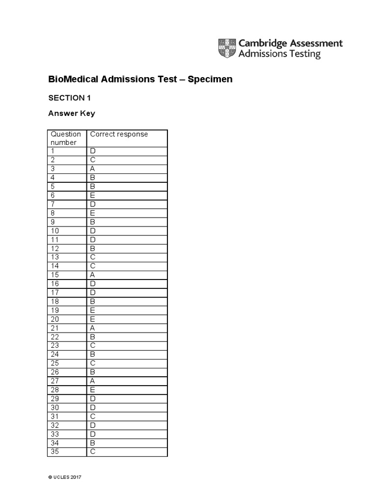 Biomedical Admissions Test - Specimen: Section 1 Answer Key | PDF