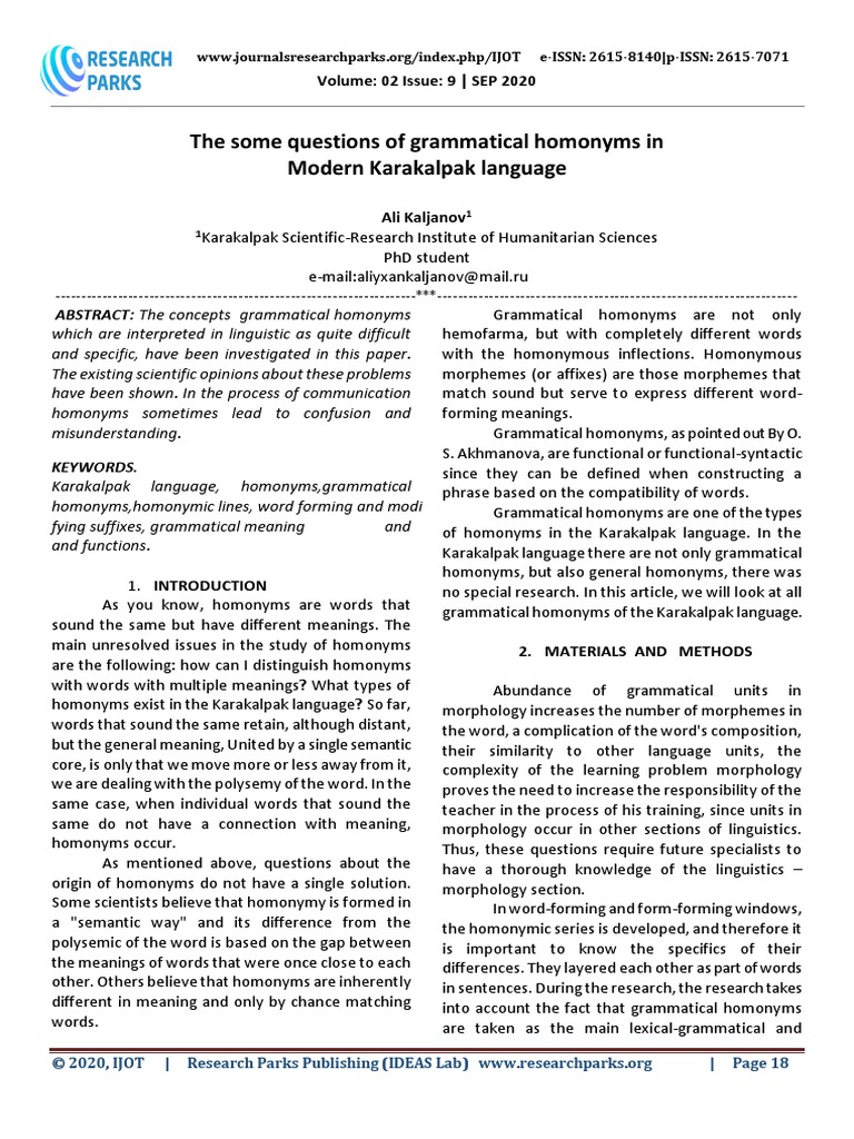The Some Questions of Grammatical Homonyms in Modern Karakalpak ...