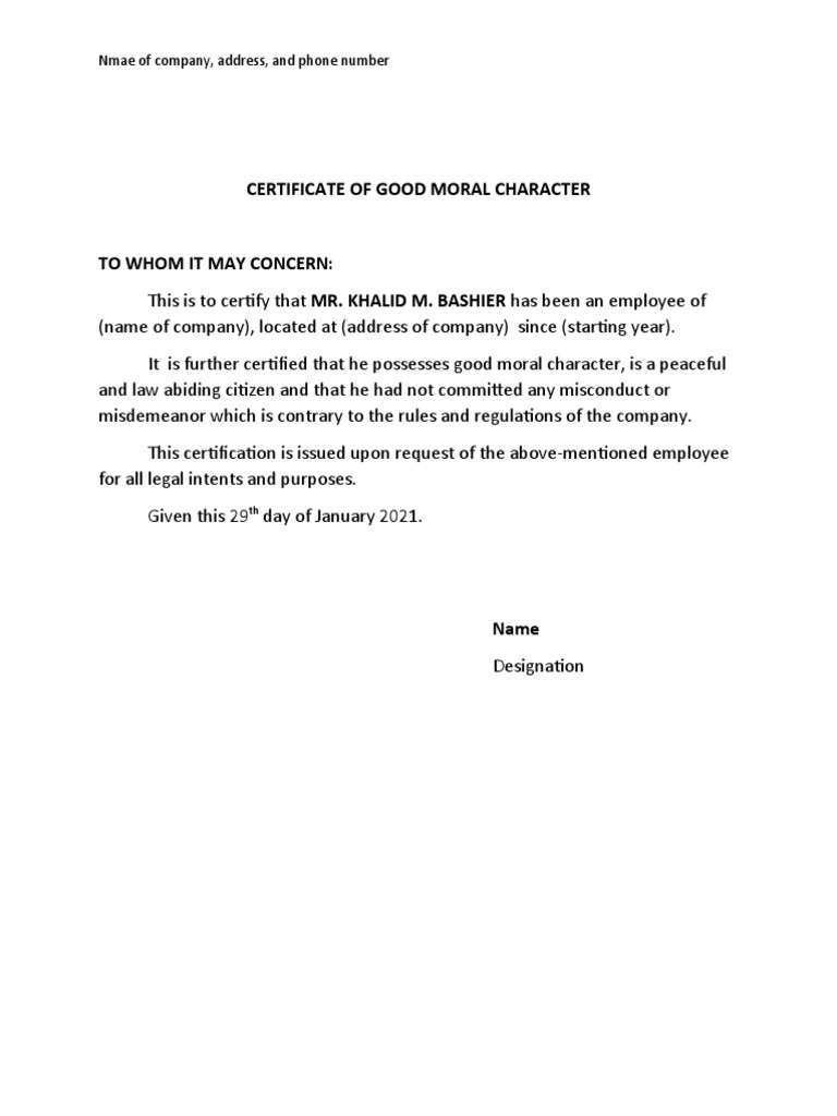 Certificate Of Good Moral Character Sample Pdf