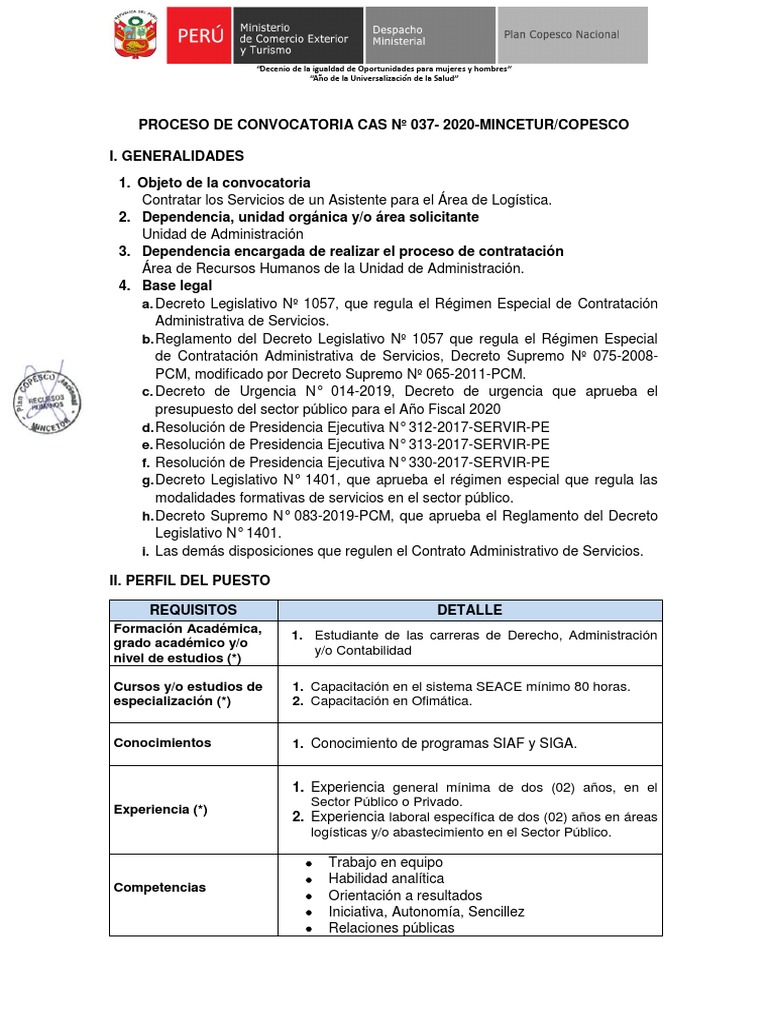 Convocatoria Asistente Logística MINCETUR | PDF | Titulo academico ...