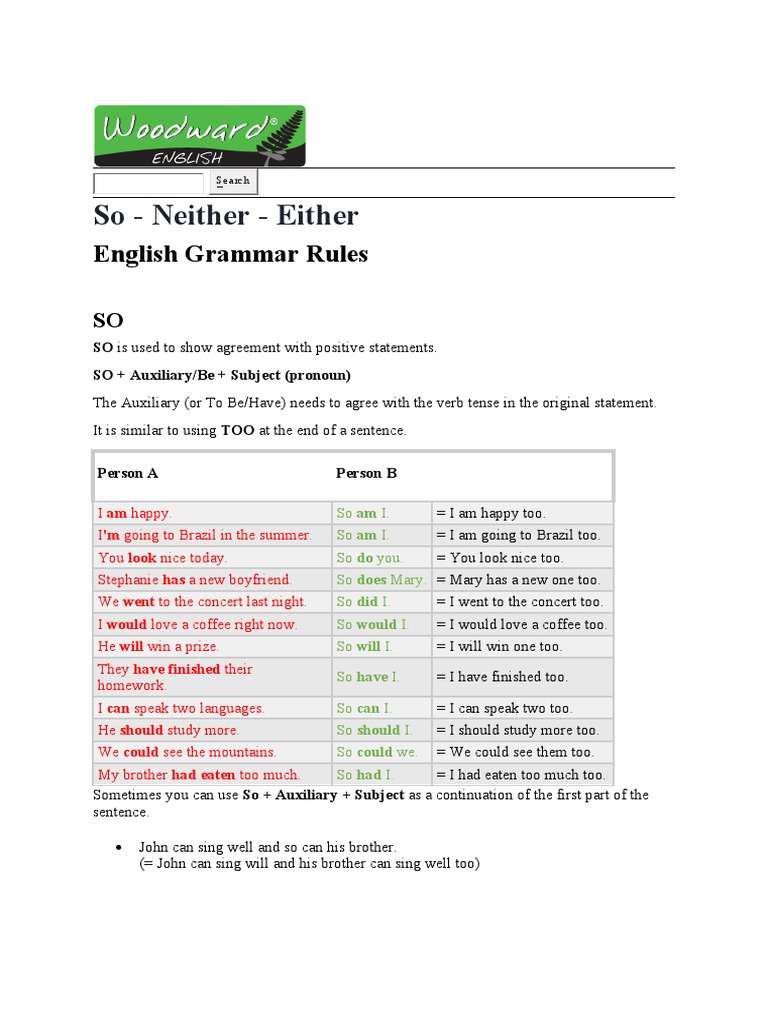 So - Neither - Either: English Grammar Rules | Download Free PDF | Verb ...