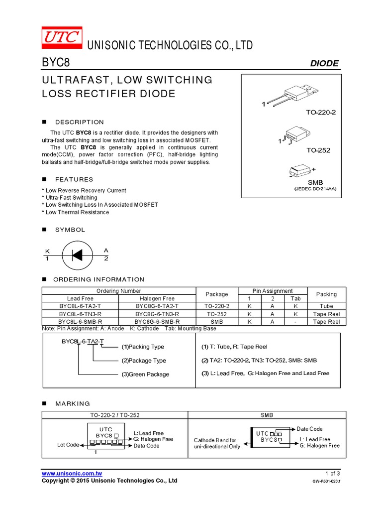 Unisonic Technologies Co., LTD Ultrafast, Low Switching Loss Rectifier