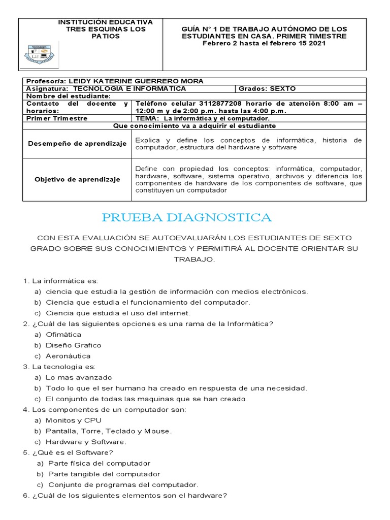 Guía de Trabajo de Informática Sexto Grado | PDF | Hardware de la ...