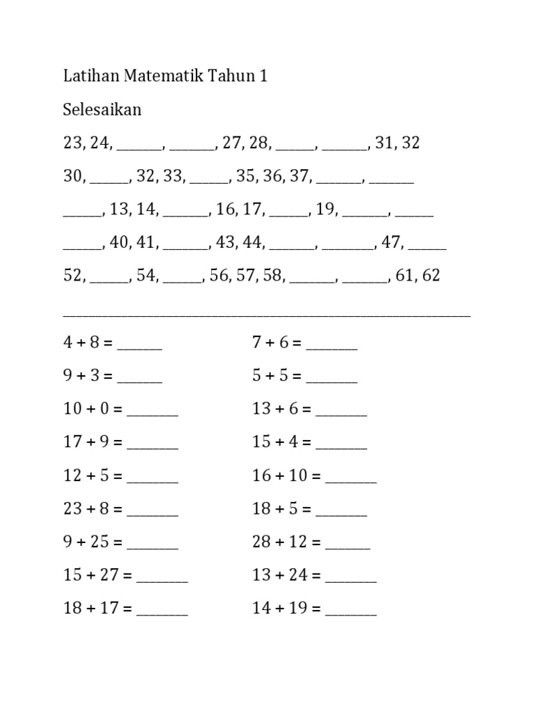 Latihan Matematik Tahun 1 Pdf