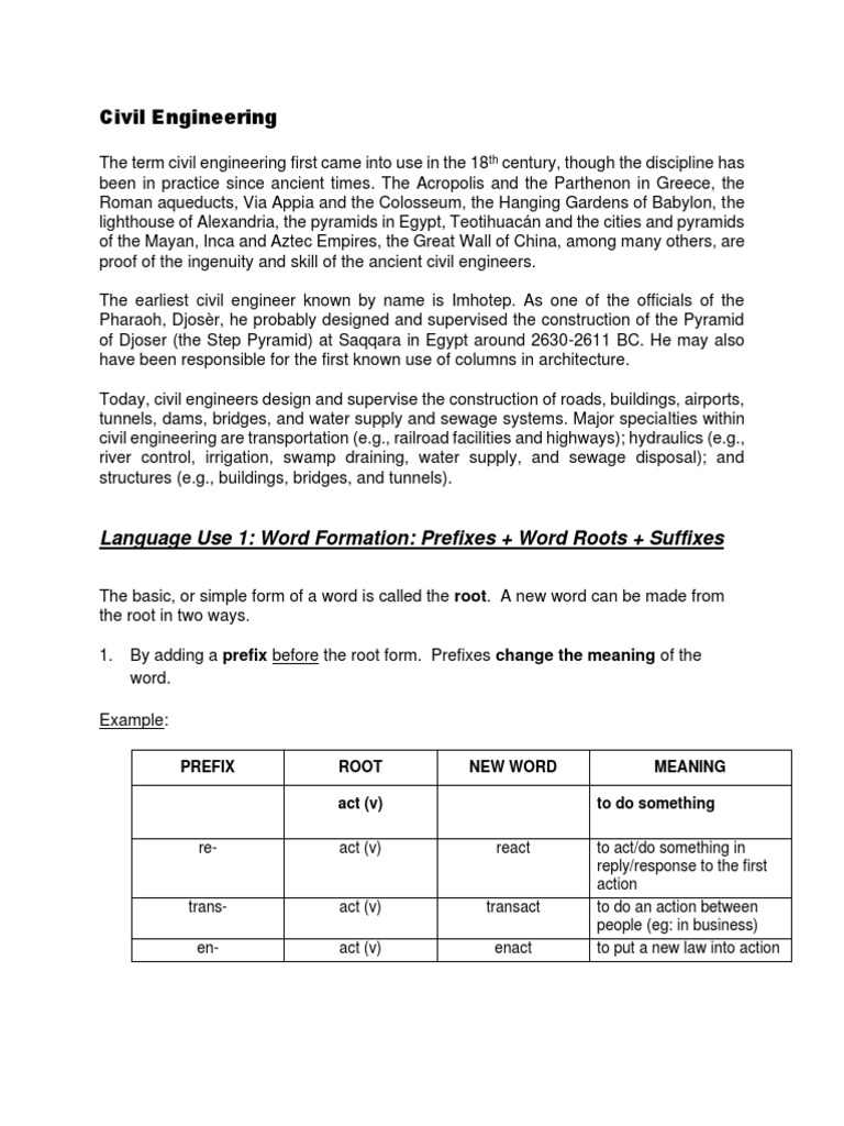 Civil Engineering: Roots, Prefixes, Suffixes | PDF | Part Of Speech | Noun