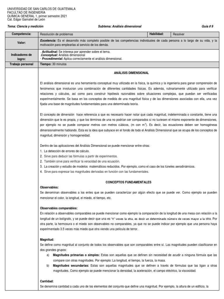 Guía # 9, Análisis Dimensional | PDF | Dimensión | Longitud
