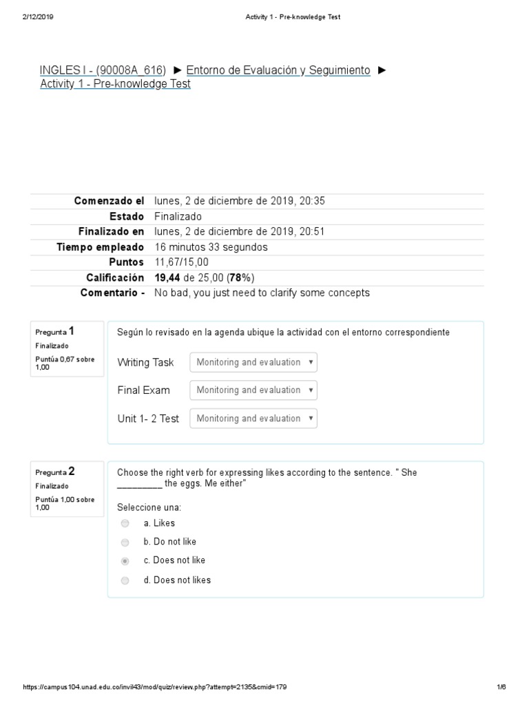Pre-Knowledge Test for English I | PDF