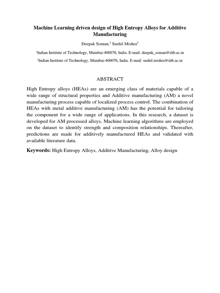 Machine Learning for High Entropy Alloys | PDF | Technology & Engineering