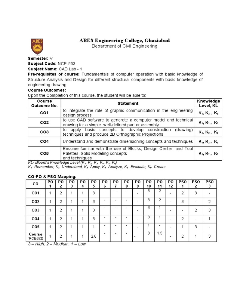 CAD Lab Course Outcomes for Civil Eng. | PDF | Computer Aided Design ...