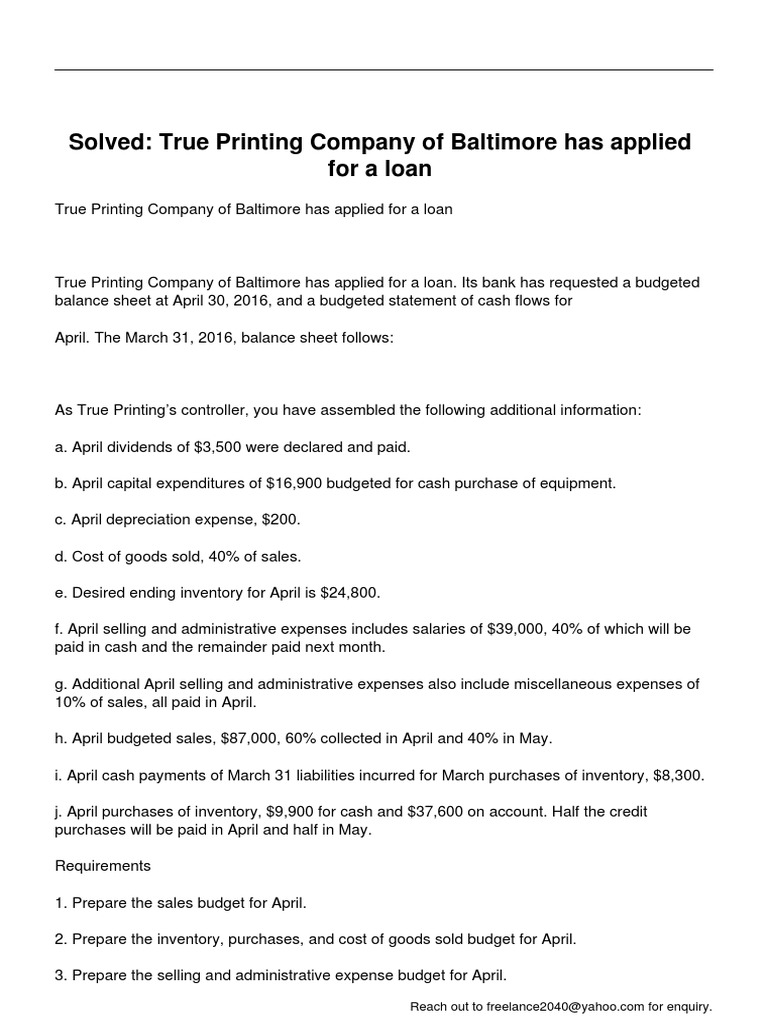 True Printing Company of Baltimore Has Applied For A Loan PDF