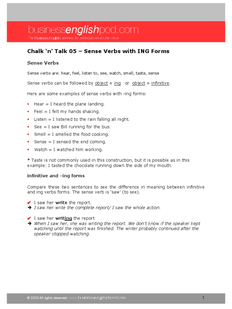 Chalk N' Talk 05 Sense Verbs With ING Forms PDF English Grammar