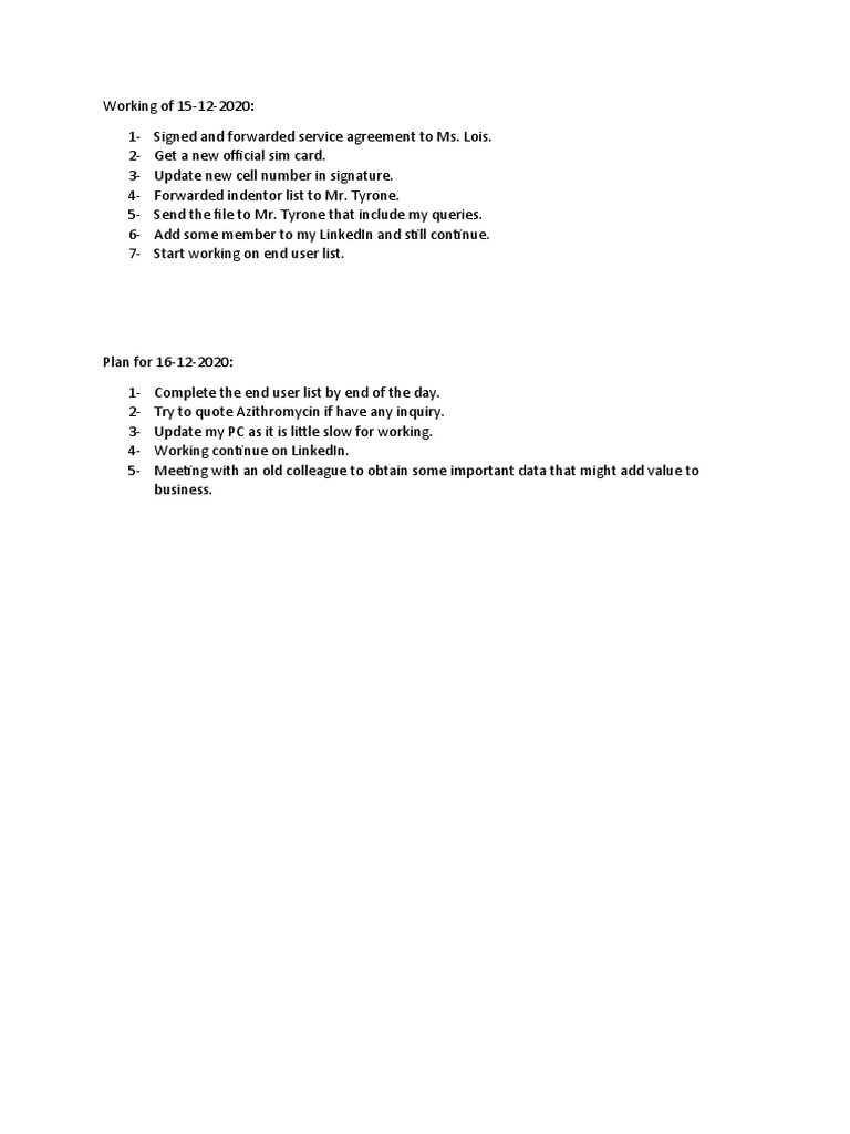 Daily Work Summary and Plans | PDF
