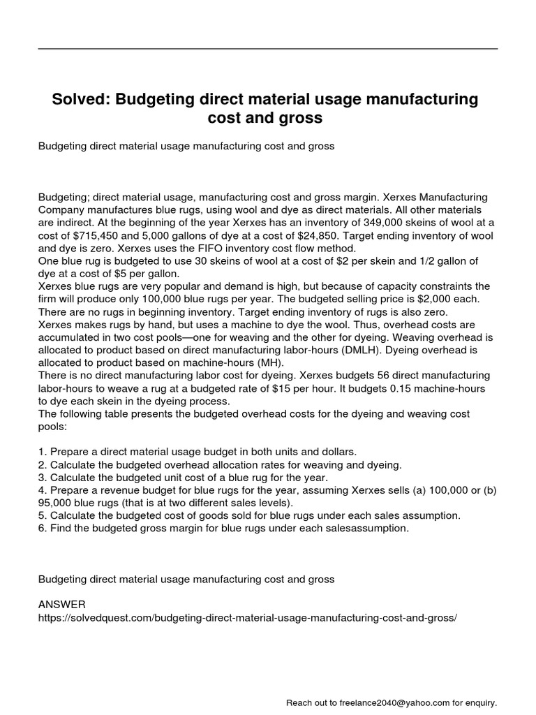 Budgeting Direct Material Usage Manufacturing Cost and Gross PDF
