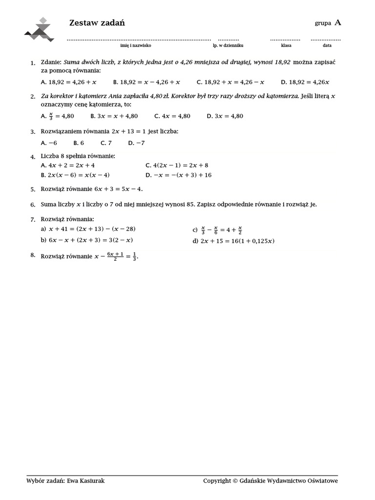 Sprawdzian Z Matematyki Kl 7 Dzial 1