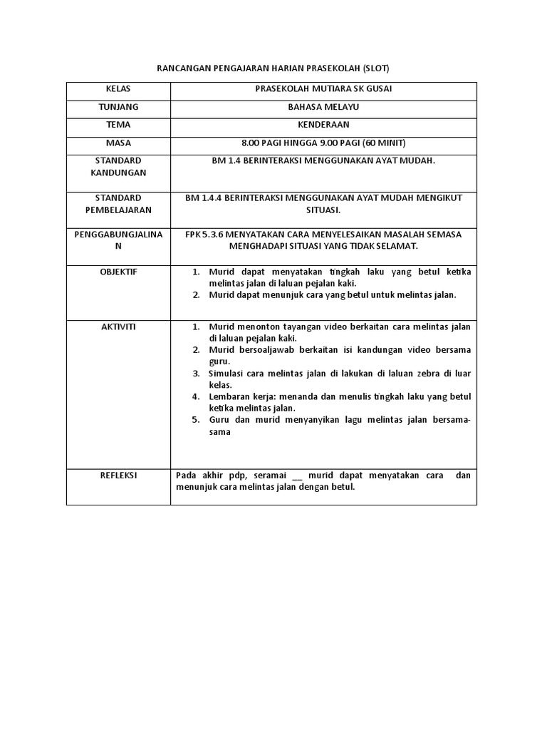 Rancangan Pengajaran Harian Prasekolah | PDF